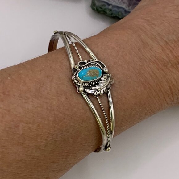 Navajo Turquoise Feather Sterling Silver Women's Cuff Bracelet J801 - Picture 3 of 6